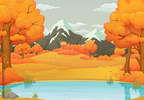 Autumn day vector illustration. Lake or river with orange bushes and trees with falling leaves. Withered meadows  snow covered mountains and gray sky with clouds in the background.