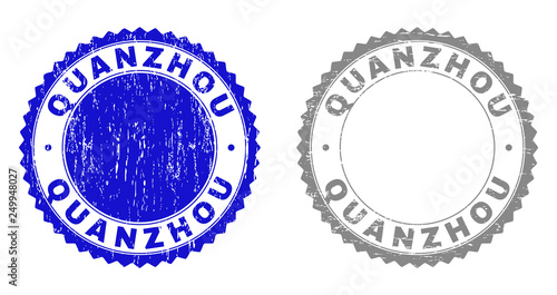 Grunge QUANZHOU stamp seals isolated on a white background. Rosette seals with grunge texture in blue and grey colors. Vector rubber stamp imprint of QUANZHOU tag inside round rosette.
