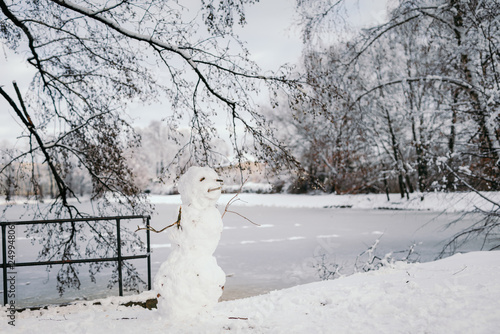 Snowman On Footpath By Frozen Lake