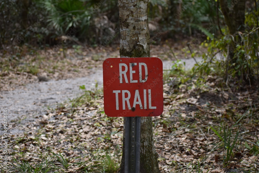 Red trail sign in forest