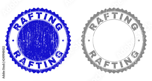 Grunge RAFTING stamp seals isolated on a white background. Rosette seals with grunge texture in blue and gray colors. Vector rubber stamp imprint of RAFTING label inside round rosette.