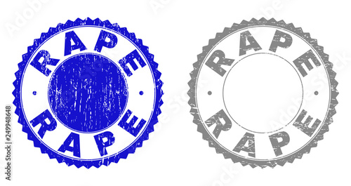 Grunge RAPE stamp seals isolated on a white background. Rosette seals with grunge texture in blue and gray colors. Vector rubber overlay of RAPE caption inside round rosette.
