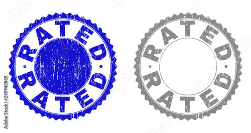Grunge RATED stamp seals isolated on a white background. Rosette seals with grunge texture in blue and gray colors. Vector rubber stamp imitation of RATED title inside round rosette.