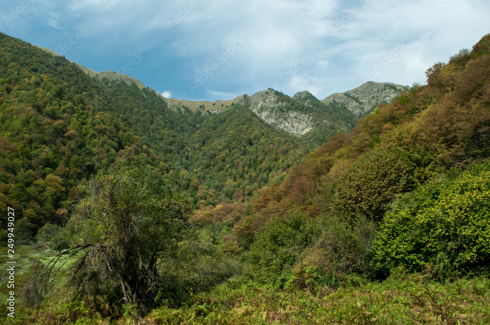 Beautiful landscape in the mountains with the sun at dawn. Mountains at the sunset time. Azerbaijan Caucasus Mountains. Nobody Beautiful landscape in the mountains with the sun at dawn. Mountains at the sunset time. Azerbaijan Caucasus Mountains. Nobody