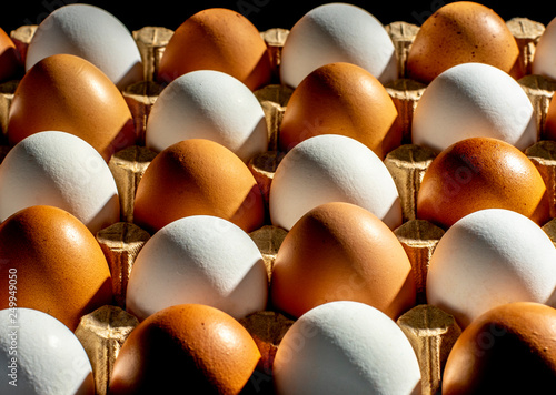 packing of yellow and white chicken eggs arranged in a diagonal composition on a black background photo