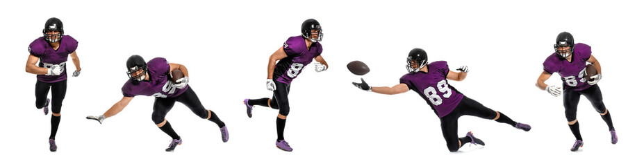 Set of American football player in uniform with ball on white background
