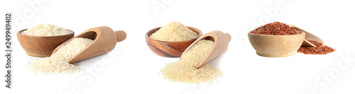 Set of wooden bowls and scoops with different uncooked rices on white background