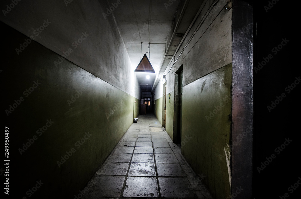 Fototapeta Ciemny korytarz. Mistyczne wnętrze ciemny pusty korytarz, tunel w opuszczonym domu. Ciemny tajemniczy korytarz. Wnętrze opuszczonego domu, droga do piekła.