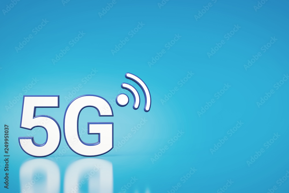 5G white letters in lower left corner on cyan background with copyspace available. 3D rendering 5G white letters in lower left corner on cyan background with copyspace available. 3D rendering