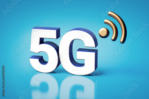 5G white letters standing on blue background with copyspace available. 3D rendering