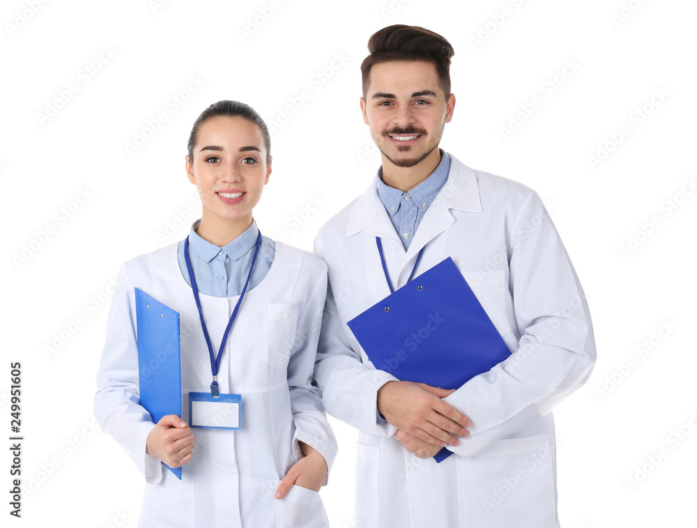 Happy young medical students on white background Happy young medical students on white background