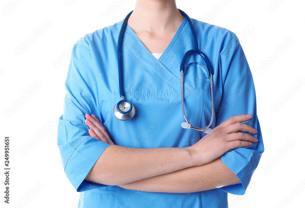 Young medical student on white background, closeup Young medical student on white background, closeup