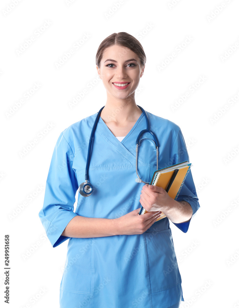 Young medical student with notebooks on white background Young medical student with notebooks on white background