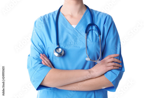 Young medical student on white background, closeup