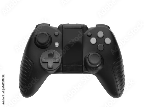 Modern video game controller isolated on white, top view