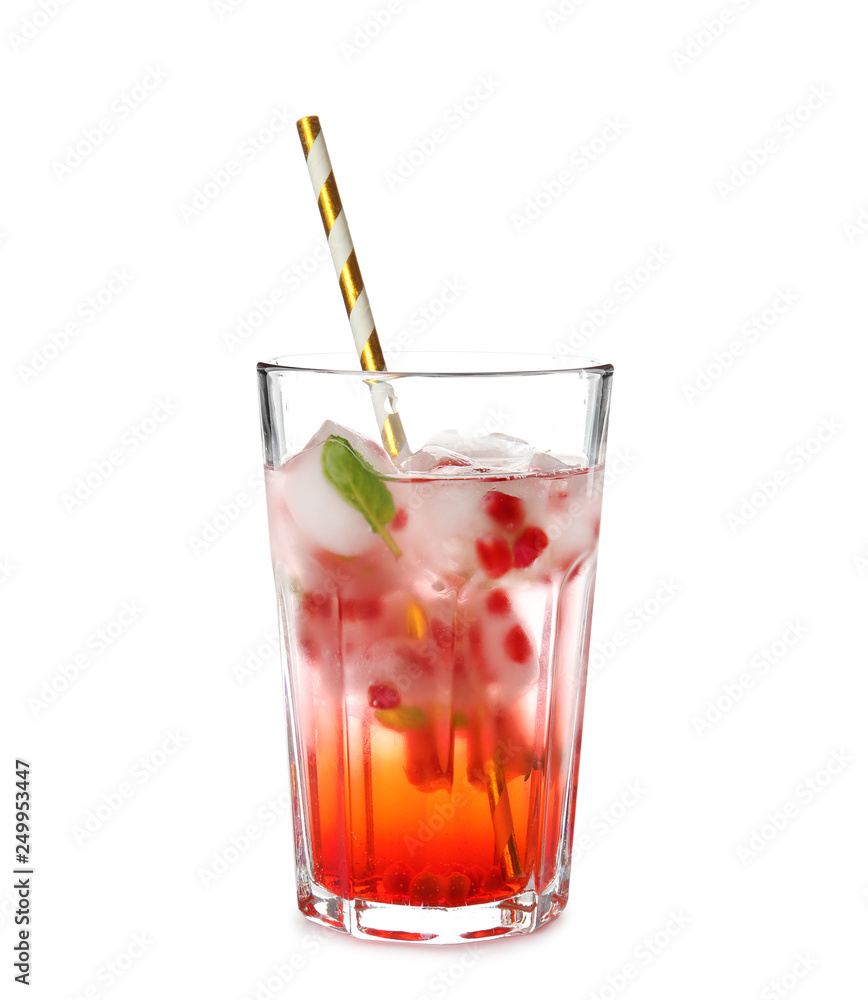 Tasty cocktail with pomegranate ice cubes on white background Tasty cocktail with pomegranate ice cubes on white background