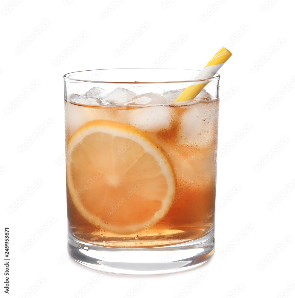 Glass of lemonade with ice cubes on white background Glass of lemonade with ice cubes on white background