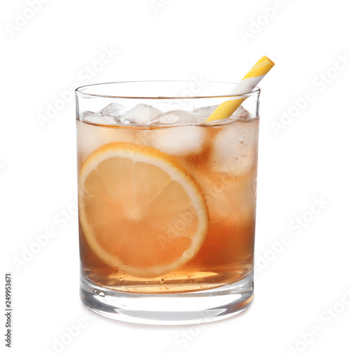 Glass of lemonade with ice cubes on white background