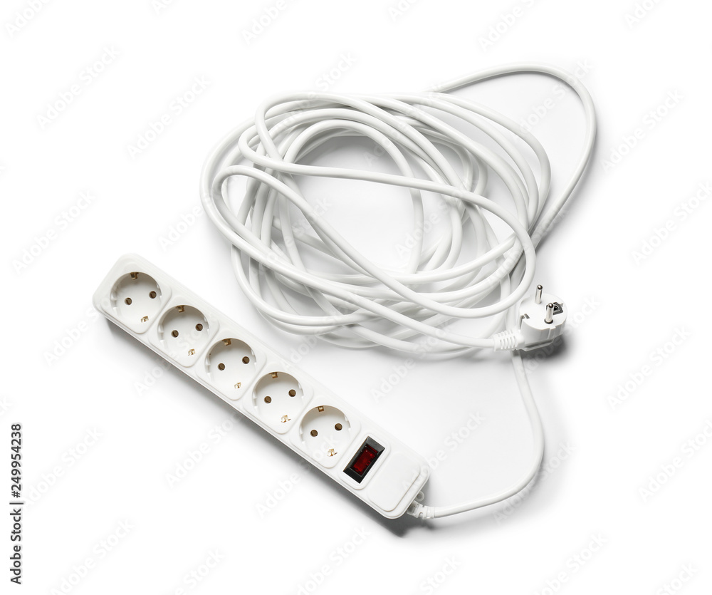 Extension cord on white background, top view. Electrician's equipment Extension cord on white background, top view. Electrician's equipment