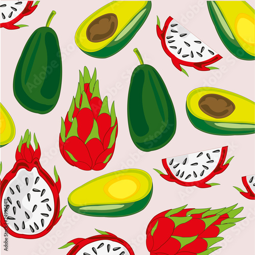 Vector illustration of the decorative pattern from pitaya and avocado