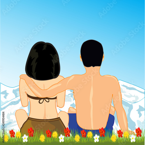 Pair beautiful type admires on glade on mountains