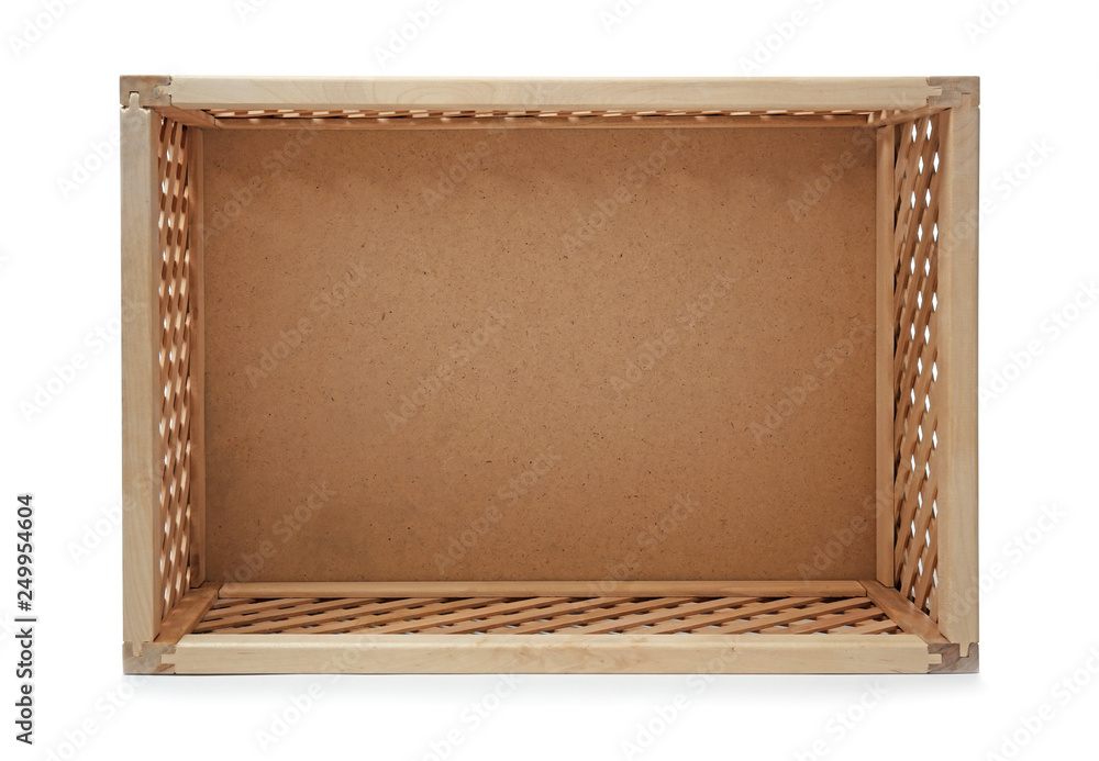 Fototapeta premium Empty open wooden crate isolated on white