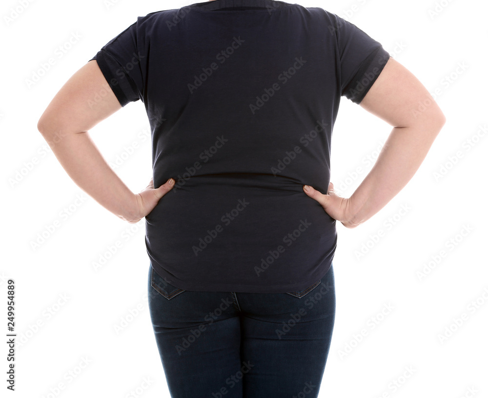 Overweight woman on white background, closeup. Weight loss Overweight woman on white background, closeup. Weight loss