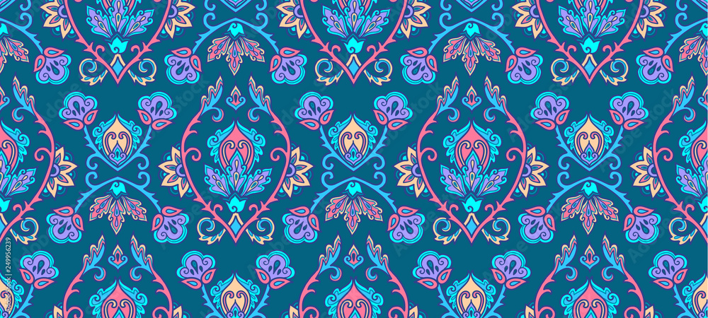 Textile and wall traditional Turkish floral colorful ornament on blue background, vector seamless pattern tile