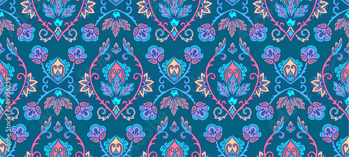 Textile and wall traditional Turkish floral colorful ornament on blue background, vector seamless pattern tile