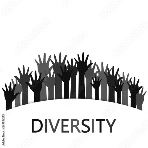 Diversity concept design, hands up with text