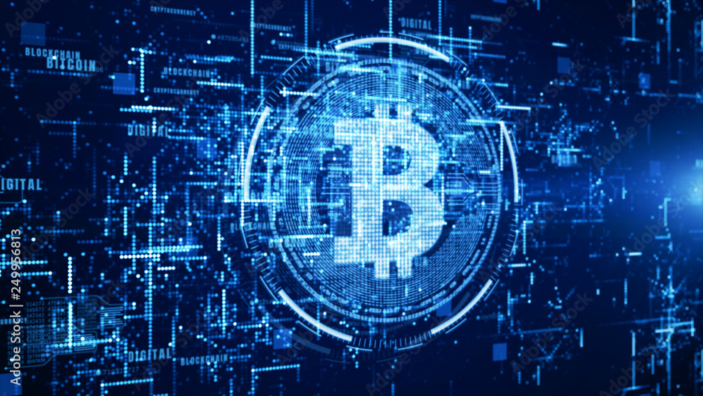 Obraz premium Bitcoin currency sign in digital cyberspace, network for world money