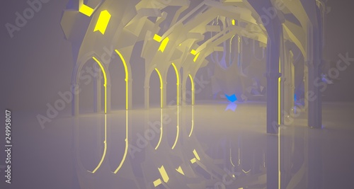 Abstract white Futuristic Sci-Fi Gothic interior With Yellow And Blue Glowing Neon Tubes . 3D illustration and rendering.