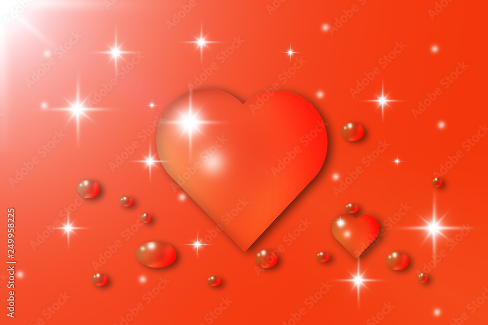 Red heart shaped, water droplets on a red background