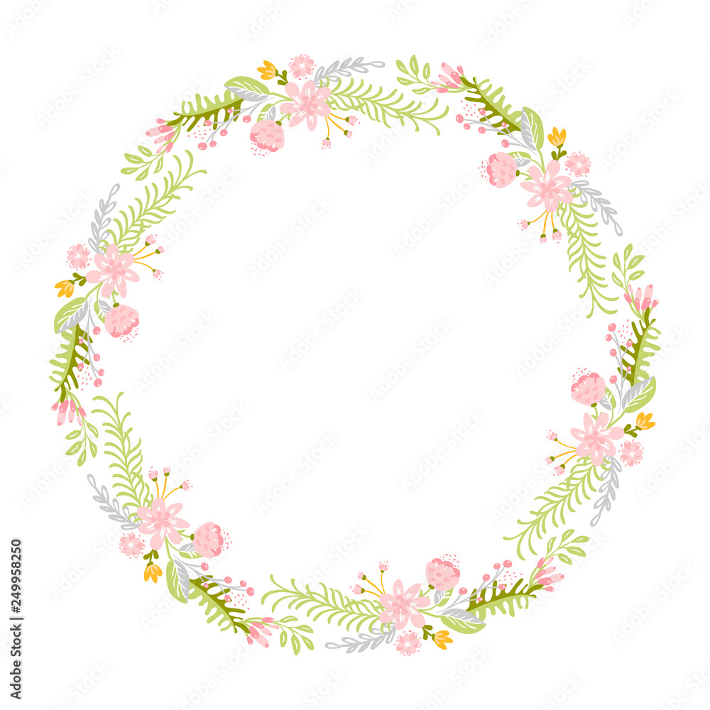 Spring flower herbs wreath. Flat abstract Vector garden frame, woman day romantic holiday, wedding invitation card decoration element summer floral Illustration isolated white background