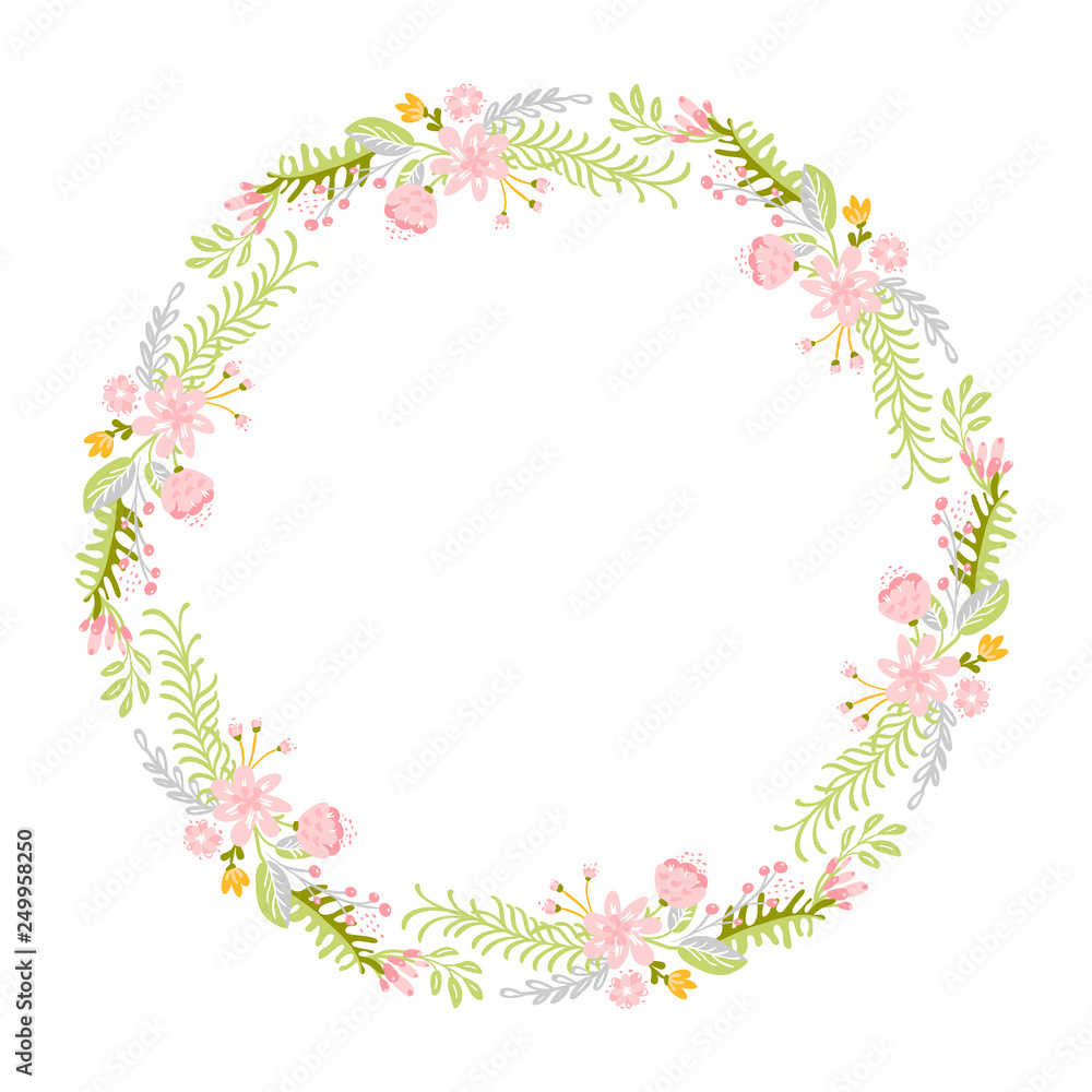 Spring flower herbs wreath. Flat abstract Vector garden frame, woman day romantic holiday, wedding invitation card decoration element summer floral Illustration isolated white background Spring flower herbs wreath. Flat abstract Vector garden frame, woman day romantic holiday, wedding invitation card decoration element summer floral Illustration isolated white background