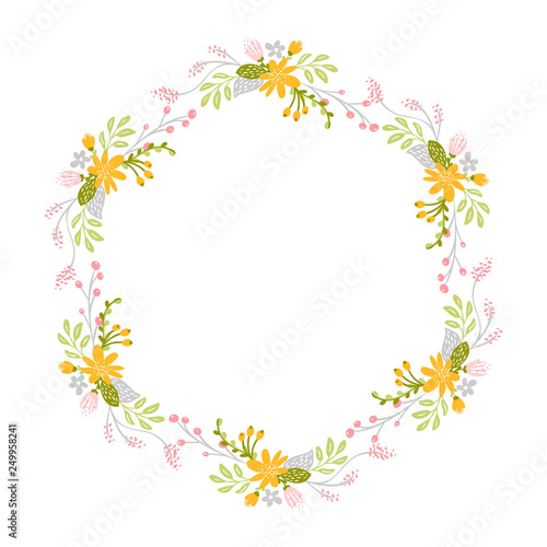 Spring flower herbs wreath. Flat abstract Vector garden frame  woman day romantic holiday  wedding invitation card decoration element summer floral Illustration isolated white background