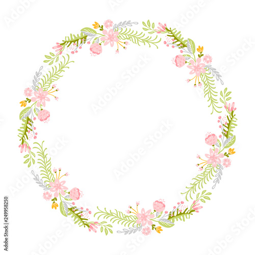 Spring flower herbs wreath. Flat abstract Vector garden frame, woman day romantic holiday, wedding invitation card decoration element summer floral Illustration isolated white background
