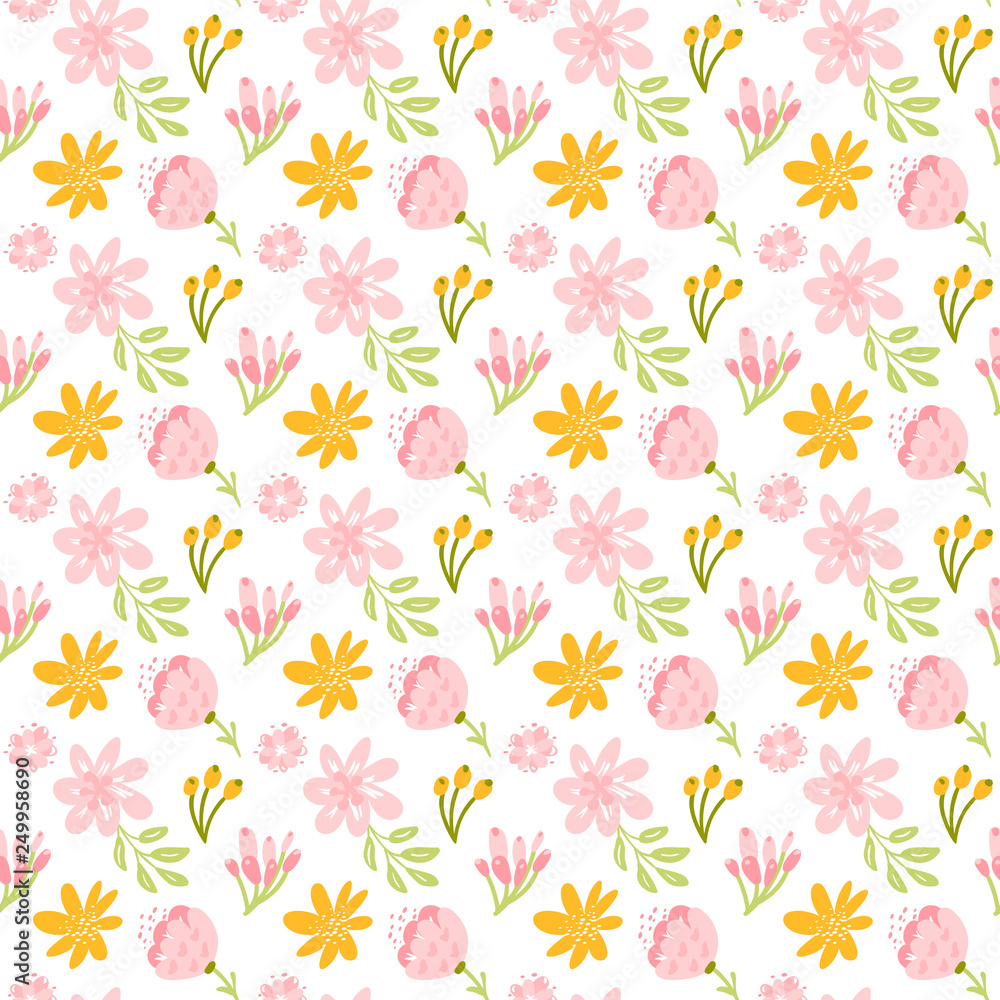 Vector seamless pattern with flat flower bouquet and leaves. Cute floral background for your design. Pastel colors - light pink, yellow, blue elements on white backdrop