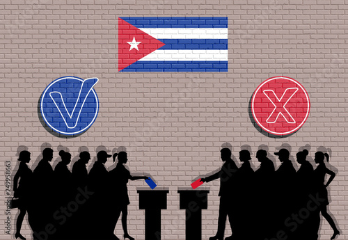 Cuban voters crowd silhouette in election with check marks and Cuba flag graffiti