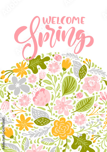 Flower Vector greeting card with text Welcome Spring. Isolated flat illustration on white background. Spring scandinavian hand drawn nature wedding design