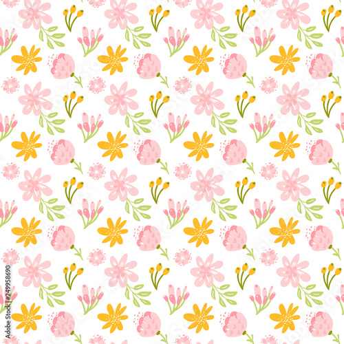 Vector seamless pattern with flat flower bouquet and leaves. Cute floral background for your design. Pastel colors - light pink  yellow  blue elements on white backdrop