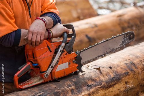 Wallpaper Mural Close up view of hands resting on a chainsaw which in turn is resting on a log Torontodigital.ca