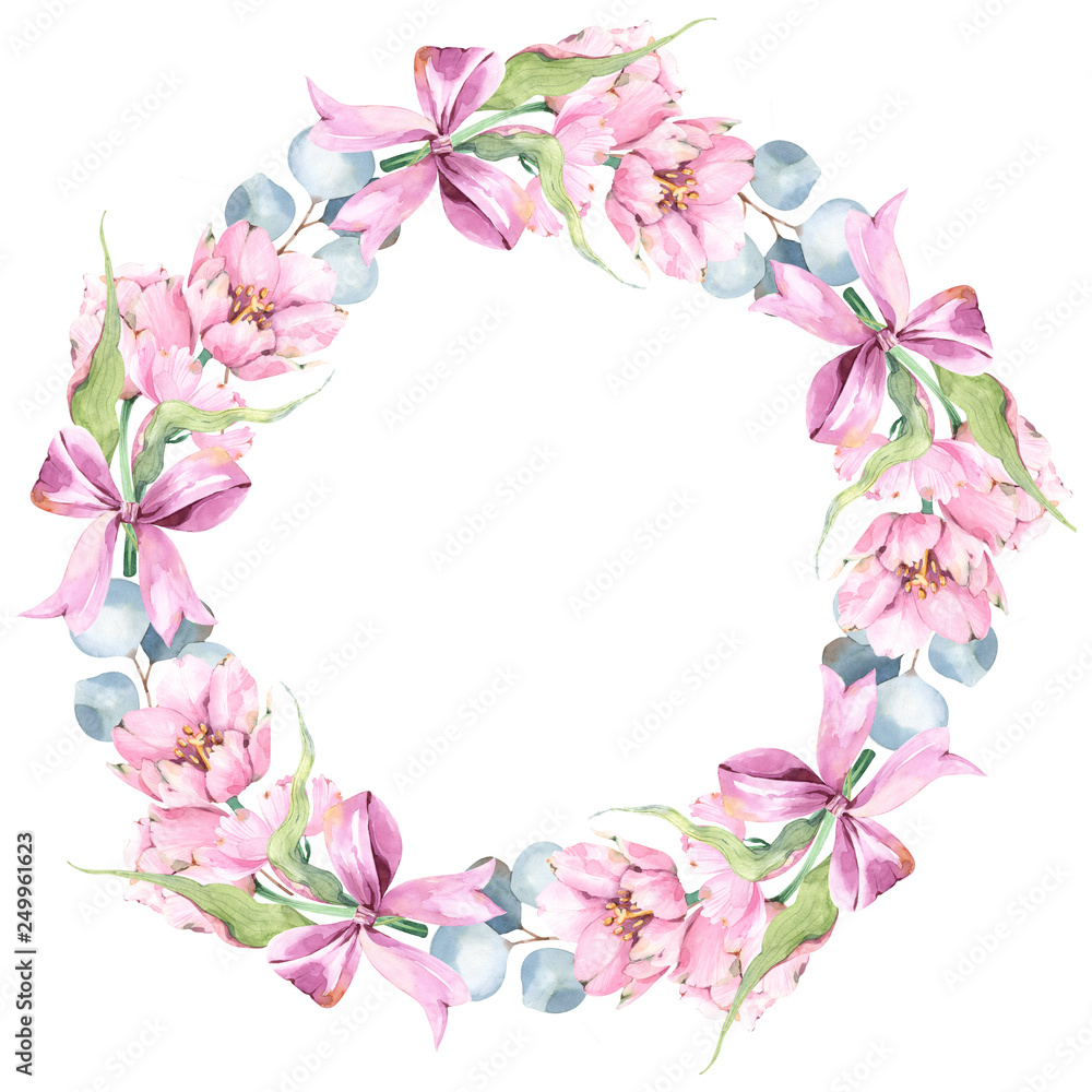 Beautiful watercolor composition with florals tulips, wild flowers, leaves and eucalyptus in a wreath