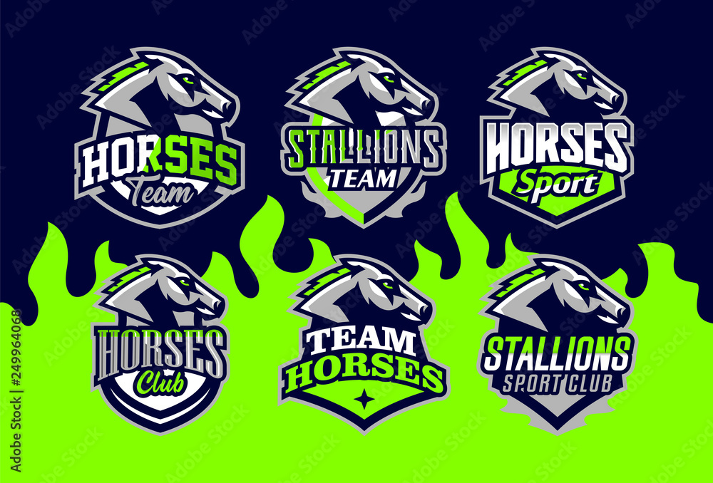 Obraz premium Set of horses logos. Sports logos of horses, racing stallions. Shield, text, mascot. Colorful collection, vector illustration