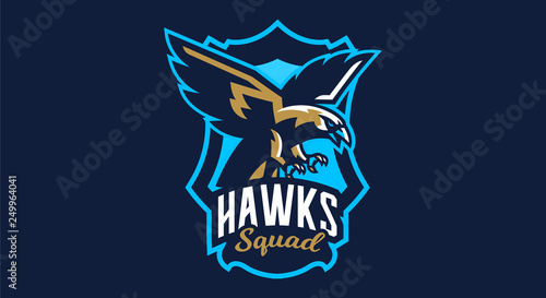 Colorful emblem, badge, logo of flying eagle. Bird, hunter, predator, dangerous animal, shield, lettering. Mascot sports club, vector illustration