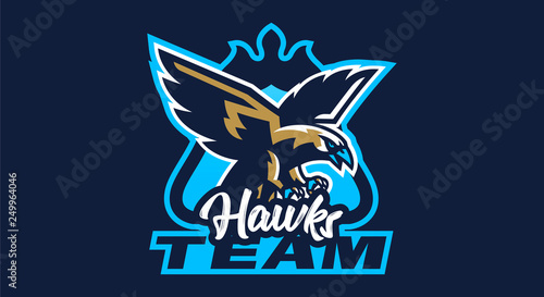 Colorful emblem, badge, logo of flying eagle. Bird, hunter, predator, dangerous animal, shield, lettering. Mascot sports club, vector illustration