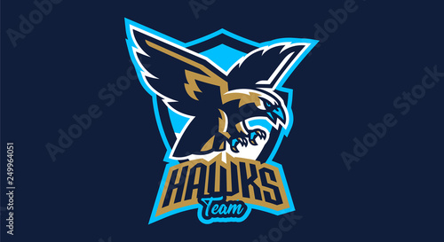 Colorful emblem, badge, logo of flying eagle. Bird, hunter, predator, dangerous animal, shield, lettering. Mascot sports club, vector illustration