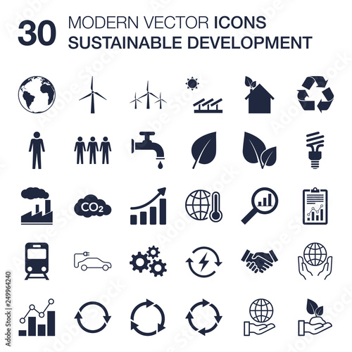 Sustainable development icons set (ecology, renewable energy, global warming concern, environmental protection, recycling) quality vector scalable with flat design for web or print