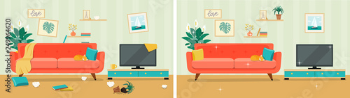 Living room before and after cleaning. Flat style vector illustration