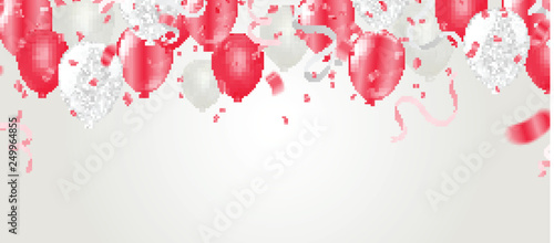 Party balloons Happy birthday illustration celebration background template with confetti and ribbons with place for your message